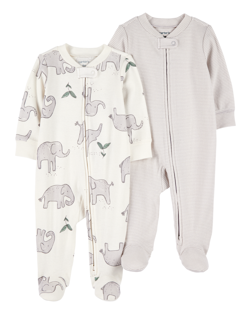 Baby 2-Pack Striped Elephant 2-Way Zip Cotton Sleep & Play Pajamas, image 1 of 4 slides