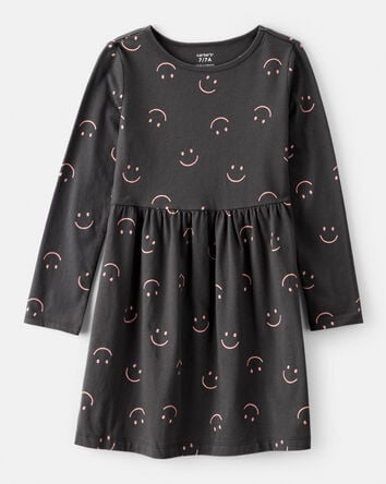 Girls Smile Print Long Sleeve Cotton Dress - Black, 