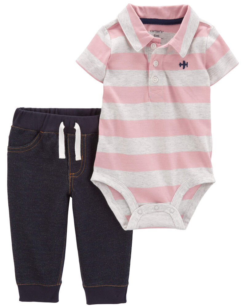 Baby 2-Piece Striped Polo Bodysuit Pant Set, image 1 of 4 slides