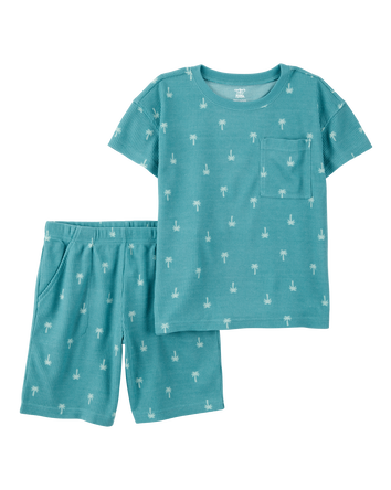Kid Palm Tree Print Loose Fit Waffle Knit 2-Piece Pajamas - Turquoise, 