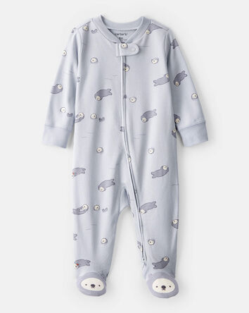 Otter Print 100% Cotton Long-Sleeve Snug Fit Sleep & Play Pajamas - Blue, 