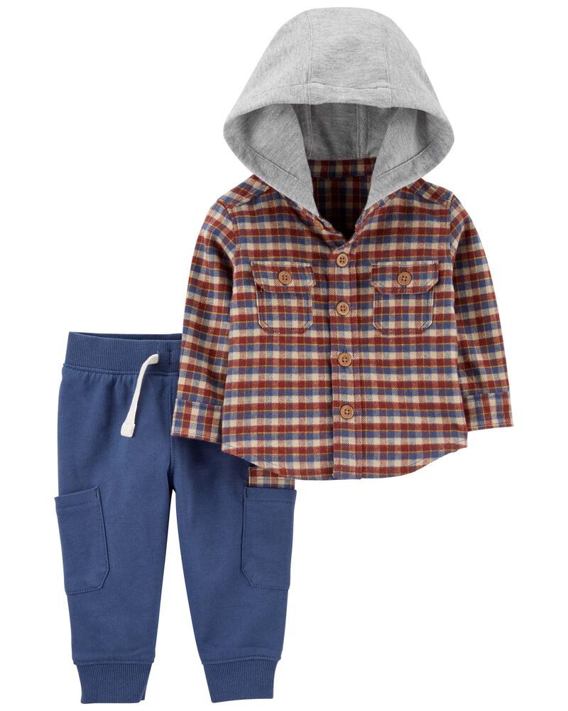 Baby 2-Piece Hooded Plaid Shirt & Pant Set, image 1 of 5 slides