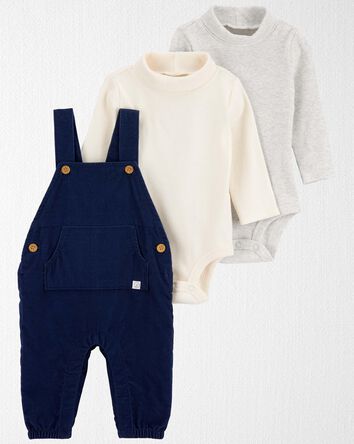 Baby Organic Cotton Mock Neck Bodysuits & Corduroy Overalls Set, 