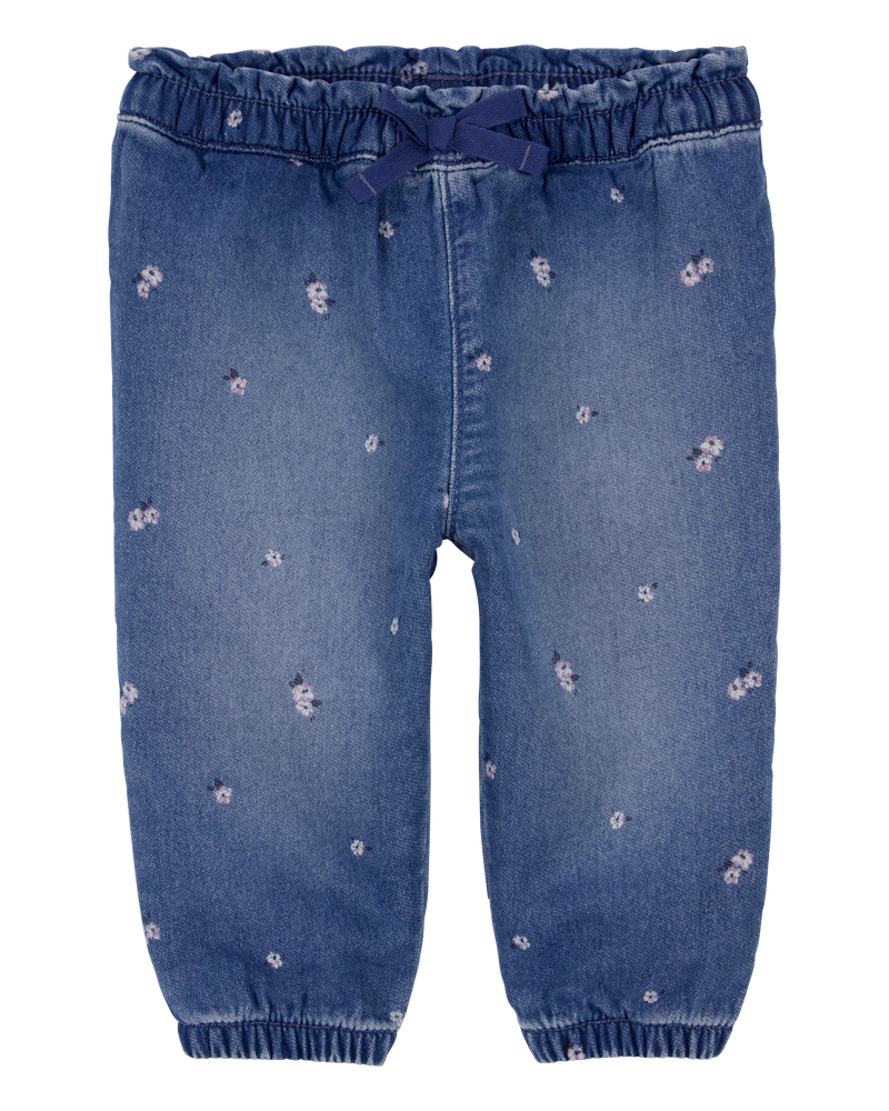 Baby Floral Print Knit-Like Denim Joggers, image 1 of 5 slides