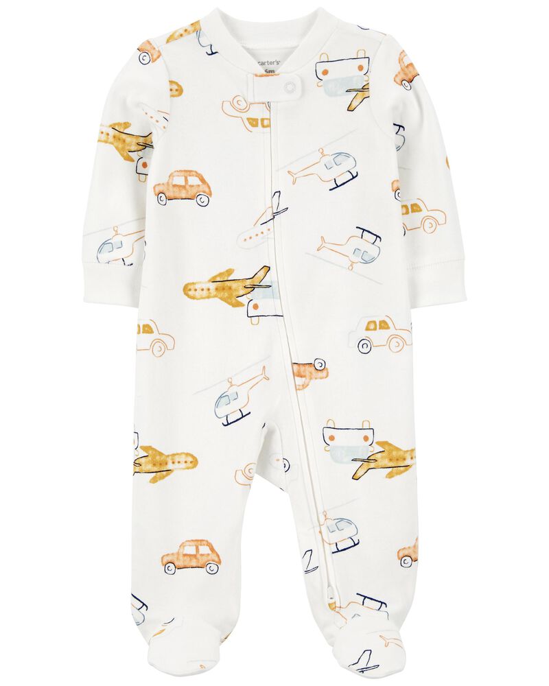 Vehicles 2-Way Zip Cotton Sleep & Play Pajamas, image 1 of 4 slides