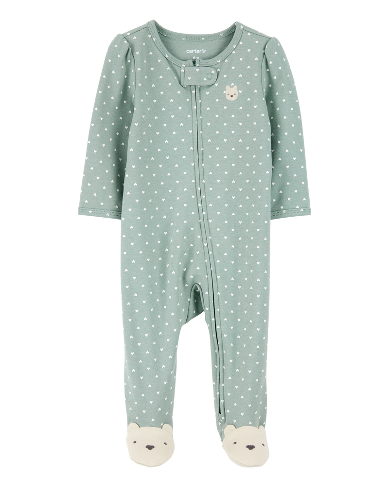Baby Girl Polka Dot 2-Way Zip Cotton Sleep & Play Pajamas - Green, image 1 of 4 slides