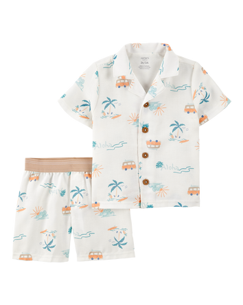Toddler Boy Tropical Print Loose Fit 2-Piece Pajamas - White, 