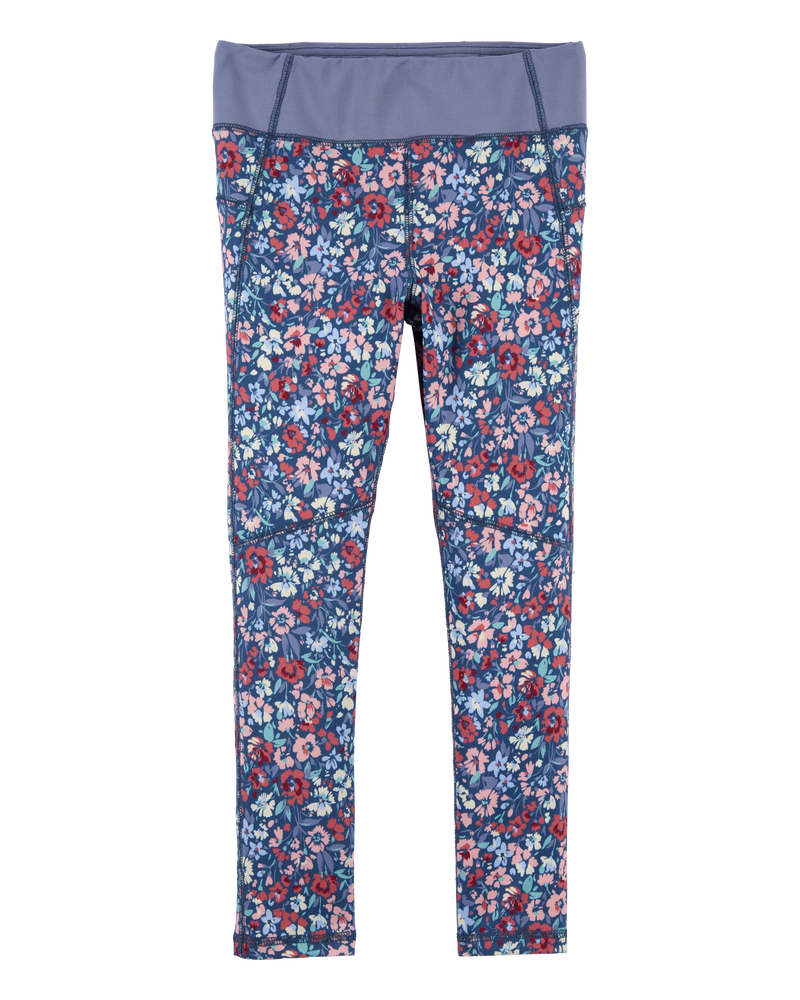 Kid Floral Print Active Leggings in BeCool™ Fabric - Purple, image 1 of 4 slides