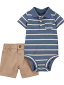 Multi - Baby 2-Piece Striped Polo Bodysuit & Shorts Set