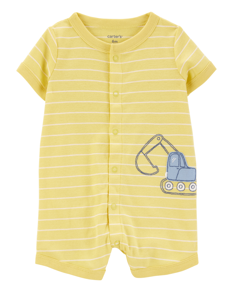 Baby Construction Striped Cotton Short-Sleeve Romper - Yellow, image 1 of 3 slides