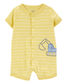 Baby Construction Striped Cotton Short-Sleeve Romper - Yellow, image 1 of 3 slides