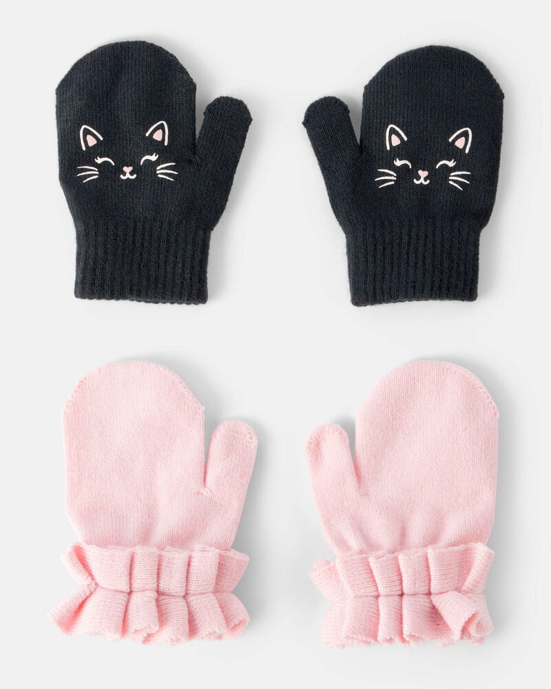 Toddler Girl 2-Pack Cat Ruffled Winter Mittens - Pink/Black, image 1 of 2 slides