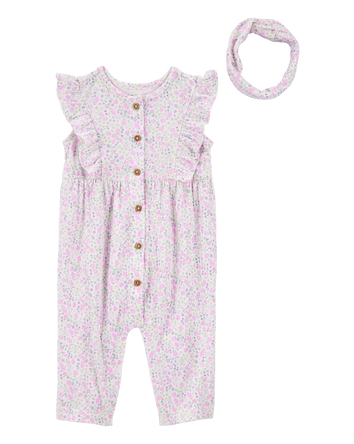 Baby 2-Piece Floral Jumpsuit & Headwrap - Purple, 