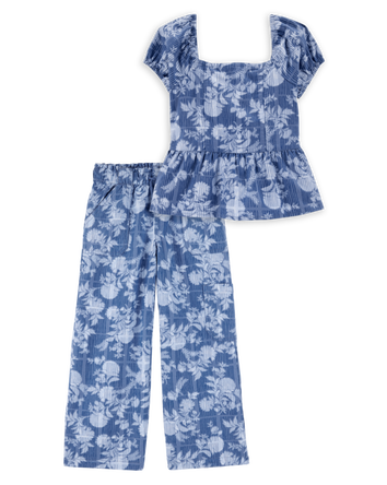 Kid 2-Piece Floral Peplum Top & Drawstring Pants Set - Blue, 