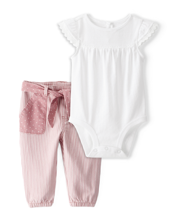 Baby Girl 2-Piece Pointelle Bodysuit & Vintage Hickory Pants Set - White/Pink, 