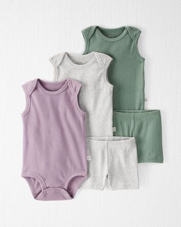 Baby 5-Piece Organic Cotton Rib Bodysuits & Ribbed Pedal Shorts Set, 
