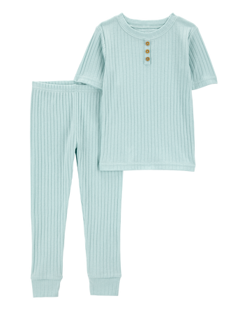 Toddler Ribbed Cotton Blend 2-Piece Pajamas - Teal, 