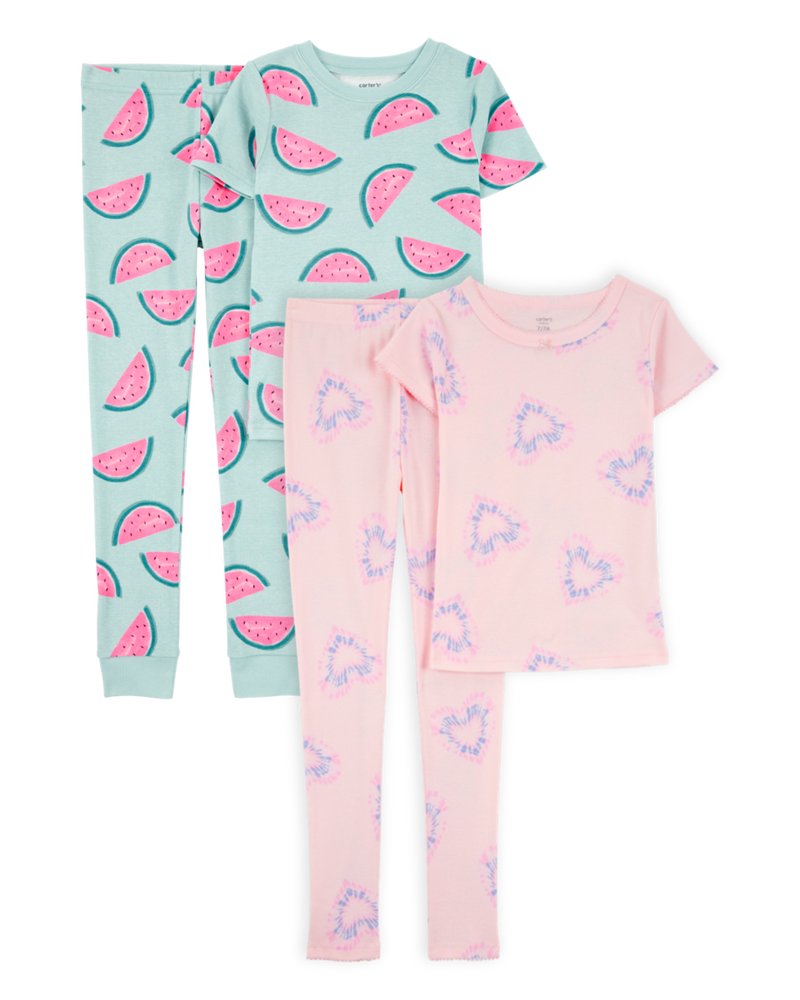 Kid 4-Piece Snug Fit 100% Cotton Pajamas - Pink/Turquoise, image 1 of 5 slides