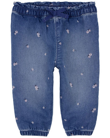 Baby Floral Print Knit-Like Denim Joggers, 