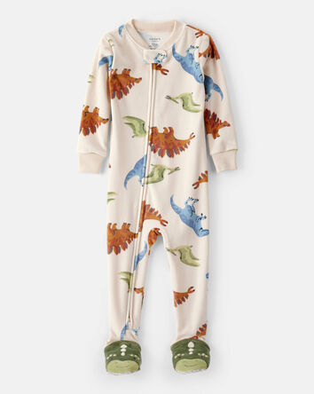 Toddler Boy Dinosaur Print Loose Fit Long-Sleeve 2-Way Zip 1-Piece Pajamas - Tan, 