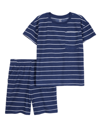 Boys Striped Loose Fit Waffle Knit 2-Piece Pajamas - Navy, 