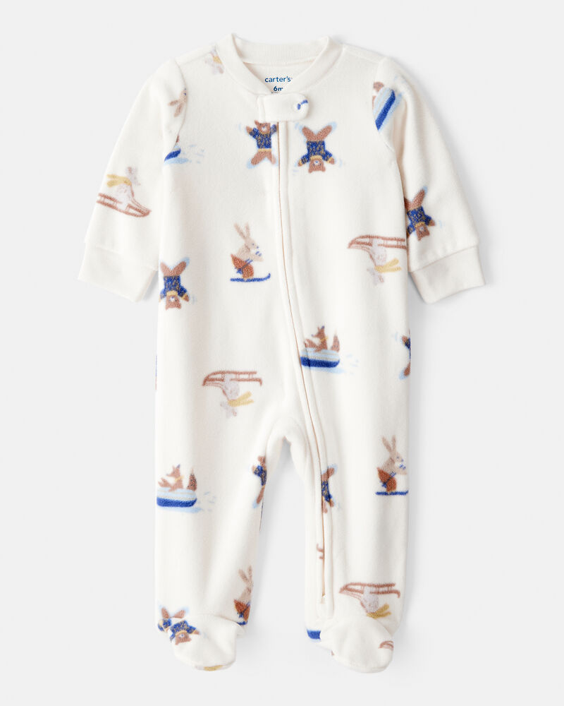 Baby Boy Animal Ski Print Loose Fit Long-Sleeve Sleep & Play Pajamas - Cream, image 1 of 3 slides