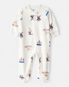 Baby Boy Animal Ski Print Loose Fit Long-Sleeve Sleep & Play Pajamas - Cream, image 1 of 3 slides