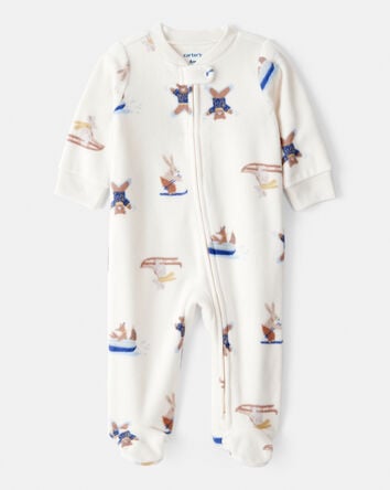 Baby Boy Animal Ski Print Loose Fit Long-Sleeve Sleep & Play Pajamas - Cream, 