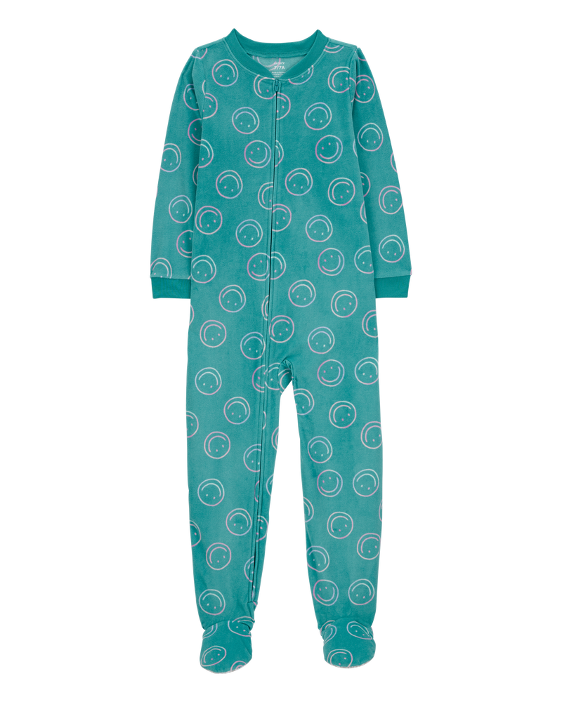 Kid 1-Piece Smiley Face Fleece Footie Pajamas, image 1 of 4 slides