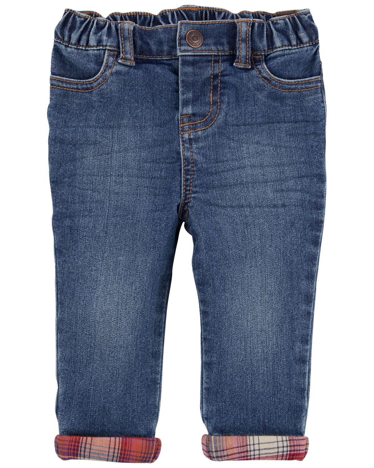 Utility Blue Wash Baby PullOn Plaid Cuff Jeans