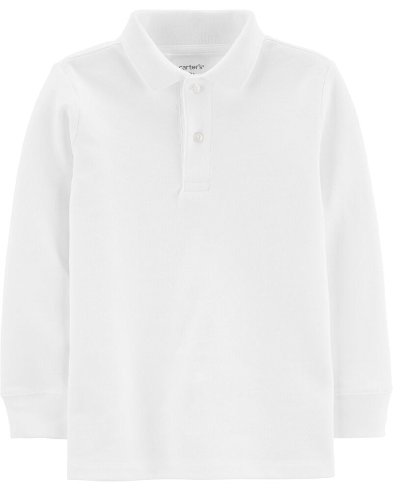 Toddler White Long Sleeve Polo Uniform Shirt, image 1 of 2 slides