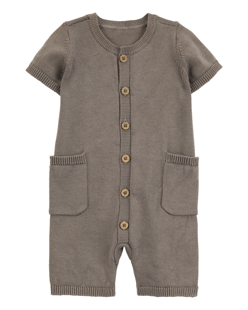 Baby Button-Down Cotton Romper -Brown, image 1 of 4 slides