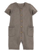 Baby Button-Down Cotton Romper -Brown, image 1 of 4 slides