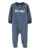 Baby Boy Striped Little Bro 2-Way Zip Cotton Sleep & Play Pajamas - Blue, image 1 of 3 slides