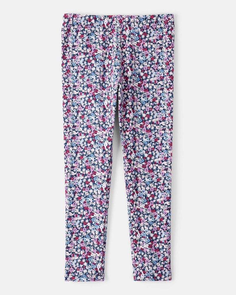 Girls Floral Cotton Pull-On Stretch Leggings - Purple, image 2 of 4 slides