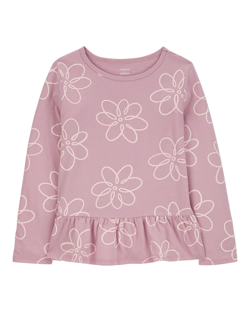 Kid Floral Long-Sleeve Peplum Jersey Tee, image 1 of 3 slides