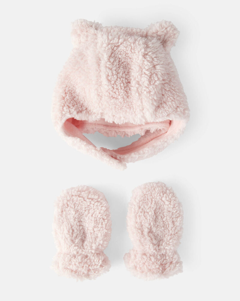 Baby Sherpa Winter Hat & Mittens Set - Pink, image 1 of 3 slides
