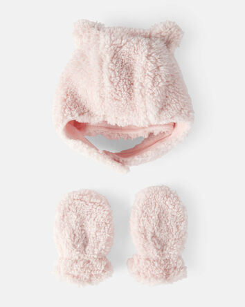 Baby Sherpa Winter Hat & Mittens Set - Pink, 