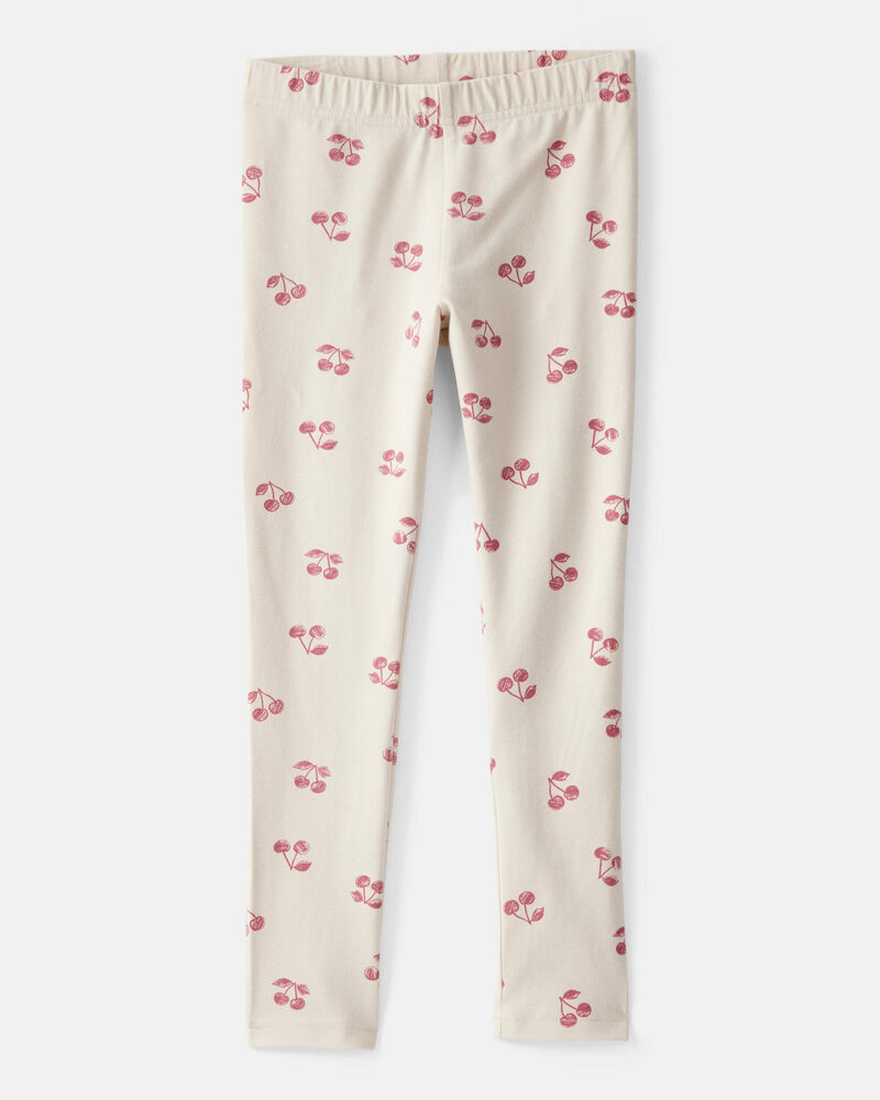 Girls Cherry Print Cotton Pull-On Stretch Leggings - Ivory, image 1 of 4 slides
