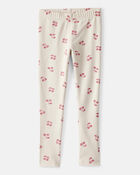 Girls Cherry Print Cotton Pull-On Stretch Leggings - Ivory, image 1 of 4 slides
