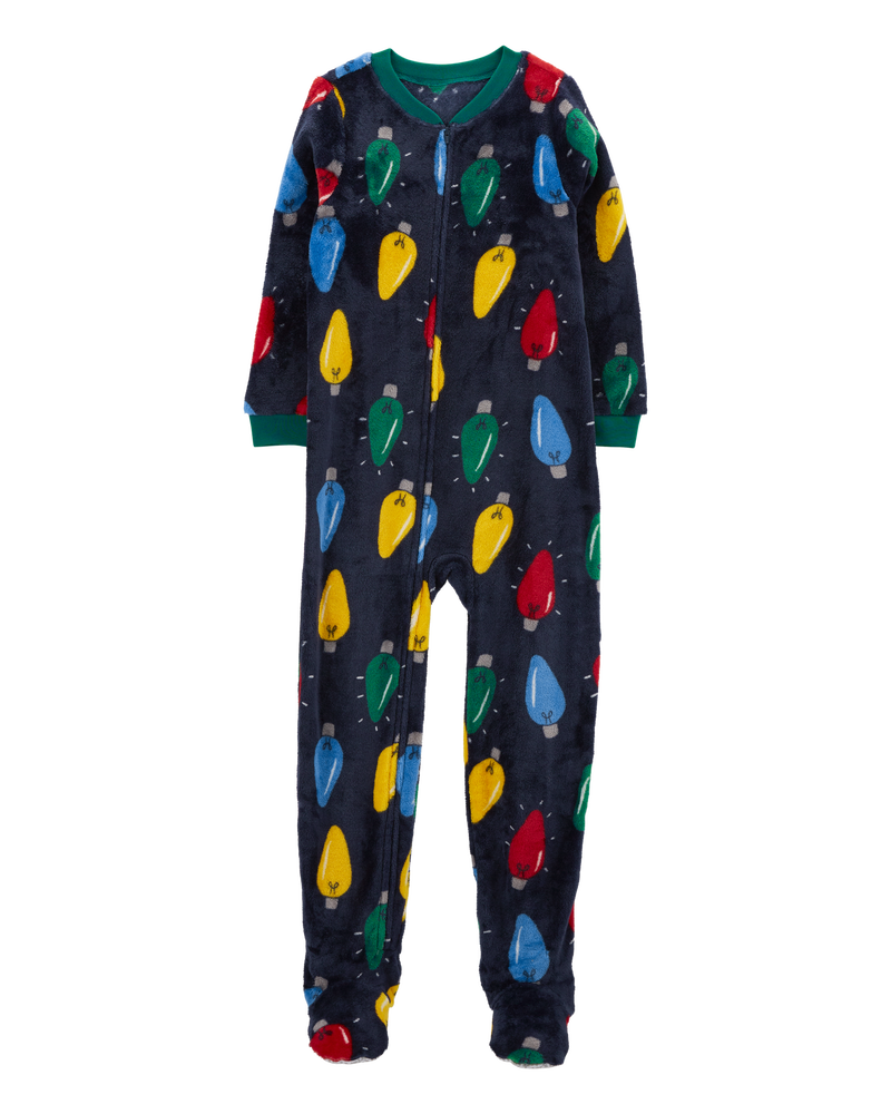 Kid 1-Piece Christmas Lights Velboa Footie Pajamas, image 1 of 3 slides