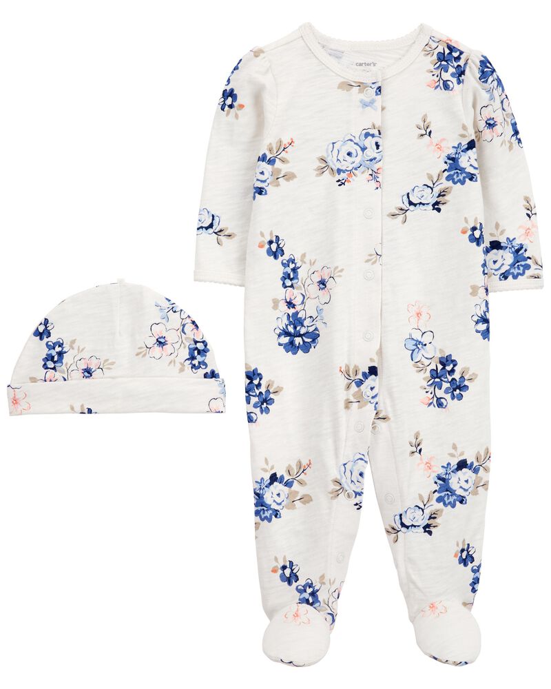 Baby 2-Piece Floral Snap-Up Sleep & Play Pajamas & Cap Set, image 1 of 3 slides