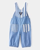 Baby Neutral Vintage Inspired Striped Chambray Overalls - Blue Wash, image 2 of 4 slides