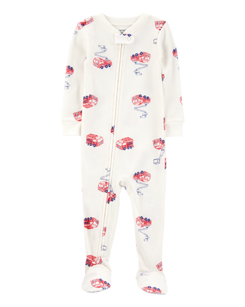Toddler Boy Fire Truck Print Waffle Knit Footie 1-Piece Pajamas, 