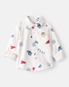 Baby Boy Varsity Bear Print Long-Sleeve Button-Down Shirt - White, image 1 of 3 slides