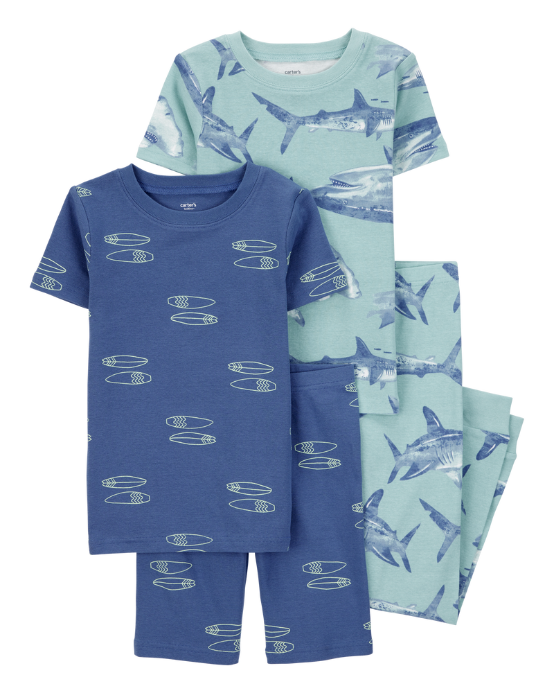 Kid 4-Piece Shark Surfboard 100% Snug Fit Cotton Pajamas - Blue, image 1 of 4 slides