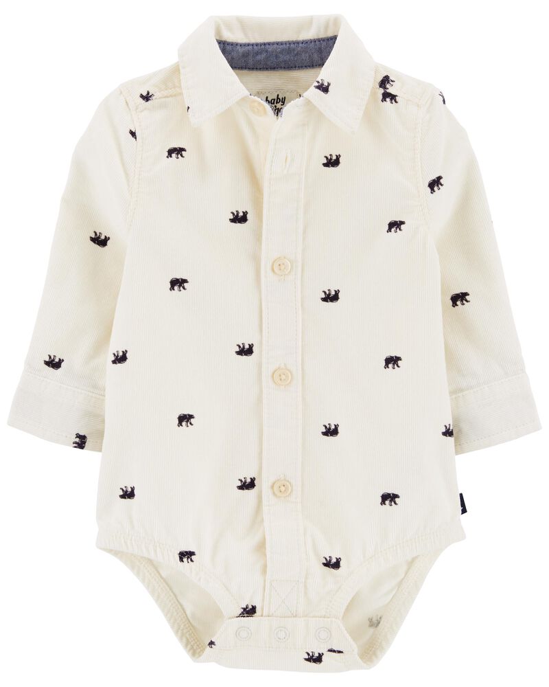 Bear Print Corduroy Button-Front Bodysuit, image 1 of 4 slides