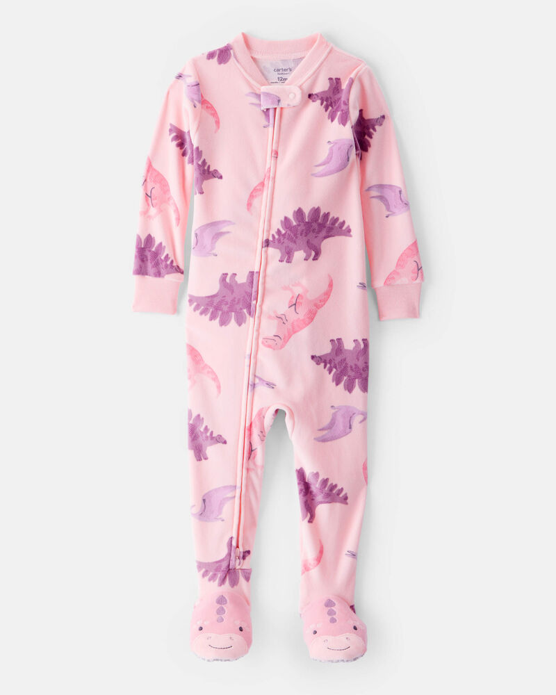 Baby Girl Dinosaur Loose Fit 2-Way Zip 1-Piece Pajamas - Pink, image 1 of 4 slides