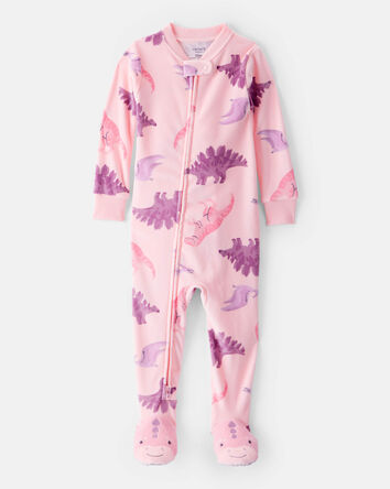 Baby Girl Dinosaur Loose Fit 2-Way Zip 1-Piece Pajamas - Pink, 