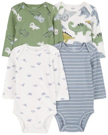 Baby 4-Pack Long-Sleeve Dinosaur Bodysuits, 
